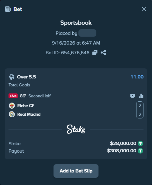 Bet slip: Elche - Real Madrid, $28,000.00 stake at 11.00 odds, placed by ayoflasher