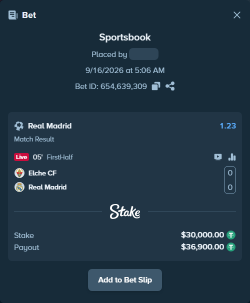 Bet slip: Elche - Real Madrid, $30,000.00 stake at 1.23 odds, placed by carissagu2