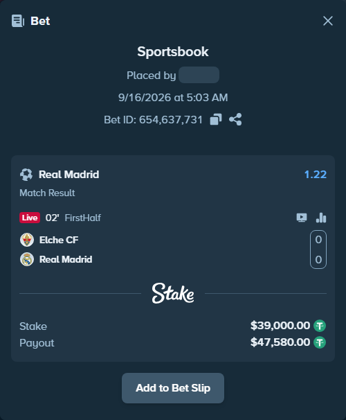 Bet slip: Elche - Real Madrid, $39,000.00 stake at 1.22 odds, placed by winnirium228
