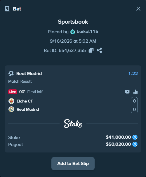 Bet slip: Elche - Real Madrid, $41,000.00 stake at 1.22 odds, placed by boikot115