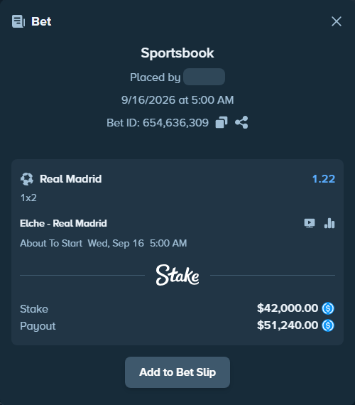 Bet slip: Elche - Real Madrid, $42,000.00 stake at 1.22 odds, placed by boikot115