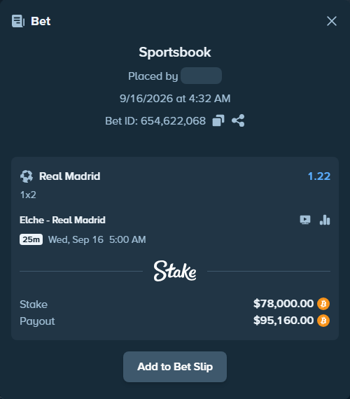 Bet slip: Elche - Real Madrid, $78,150.20 stake at 1.22 odds, placed by Hallfkh