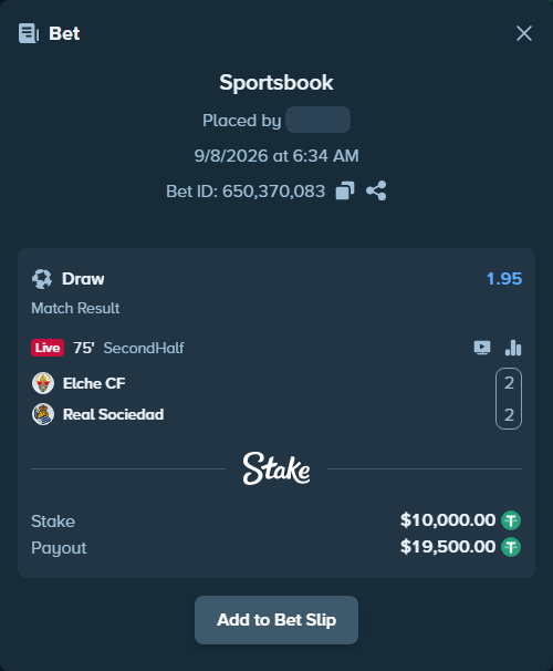 Bet slip: Elche - Real Sociedad San Sebastian, $10,000.00 stake at 1.95 odds, placed by petterblom