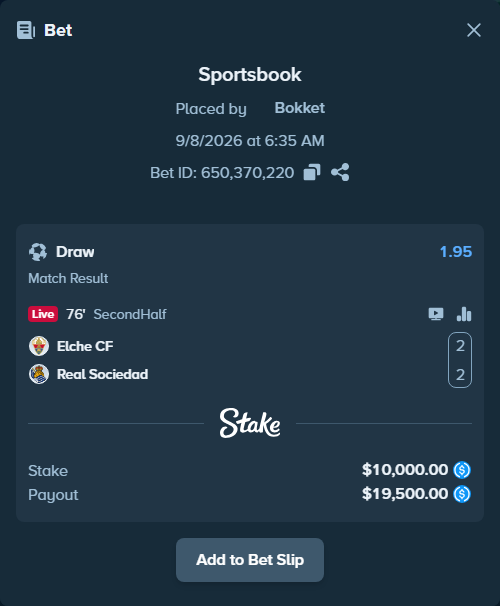 Bet slip: Elche - Real Sociedad San Sebastian, $10,000.00 stake at 1.95 odds, placed by Bokket