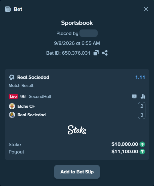 Bet slip: Elche - Real Sociedad San Sebastian, $10,000.00 stake at 1.11 odds, placed by ChelseaPadel