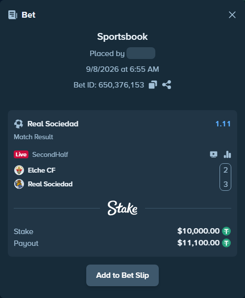 Bet slip: Elche - Real Sociedad San Sebastian, $10,000.00 stake at 1.11 odds, placed by ChelseaPadel