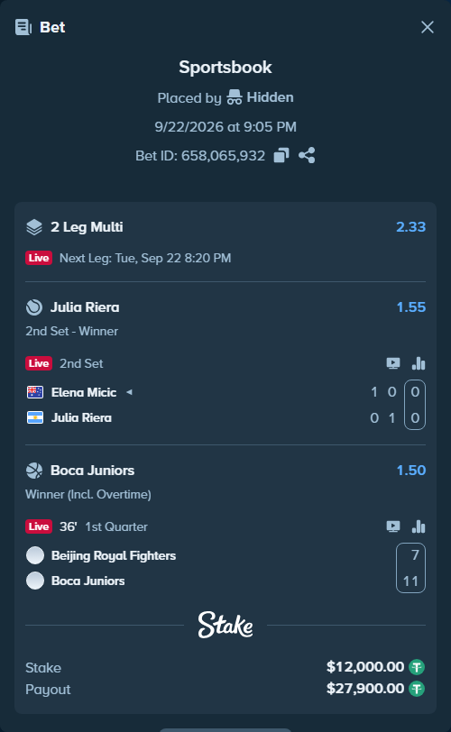 Bet slip: Elena Micic - Julia Riera, $12,000.00 stake at 1.55 odds, placed by Hidden