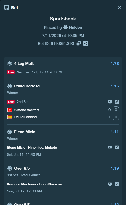 Bet slip: Elena Micic - Ninomiya, Makoto, $150,150.00 stake at 1.11 odds, placed by Hidden