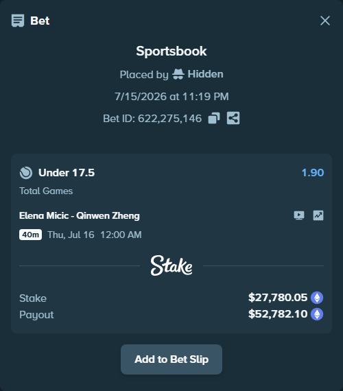 Bet slip: Elena Micic - Qinwen Zheng, $27,355.82 stake at 1.90 odds, placed by Hidden