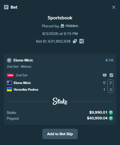 Bet slip: Elena Micic - Veronika Podrez, $10,000.00 stake at 4.10 odds, placed by Hidden