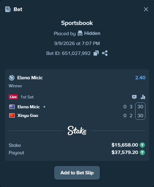 Bet slip: Elena Micic - Xinyu Gao, $15,658.00 stake at 2.40 odds, placed by Hidden