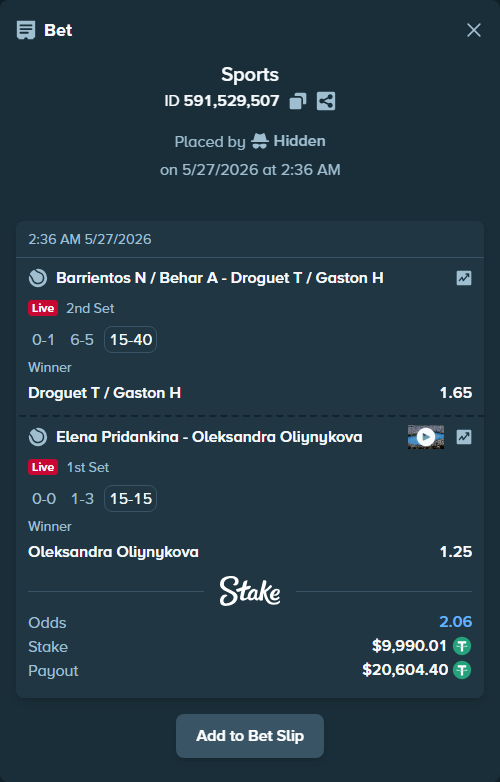 Bet slip: Elena Pridankina - Oleksandra Oliynykova, $10,000.00 stake at 1.25 odds, placed by Hidden