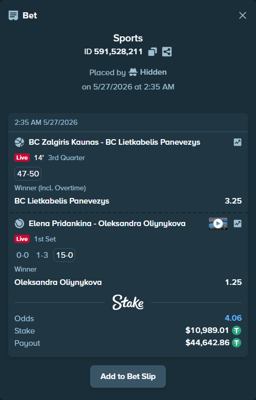 Bet slip: Elena Pridankina - Oleksandra Oliynykova, $11,000.00 stake at 1.25 odds, placed by Hidden