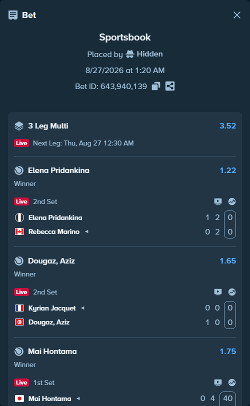 Bet slip: Elena Pridankina - Rebecca Marino, $10,000.00 stake at 1.22 odds, placed by Hidden