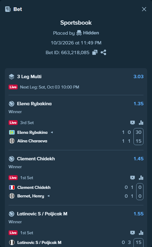 Bet slip: Elena Rybakina - Alina Charaeva, $10,000.00 stake at 1.35 odds, placed by Hidden