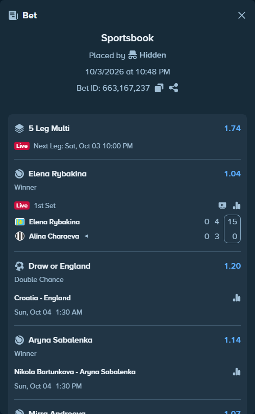 Bet slip: Elena Rybakina - Alina Charaeva, $10,105.17 stake at 1.04 odds, placed by kamentupa2