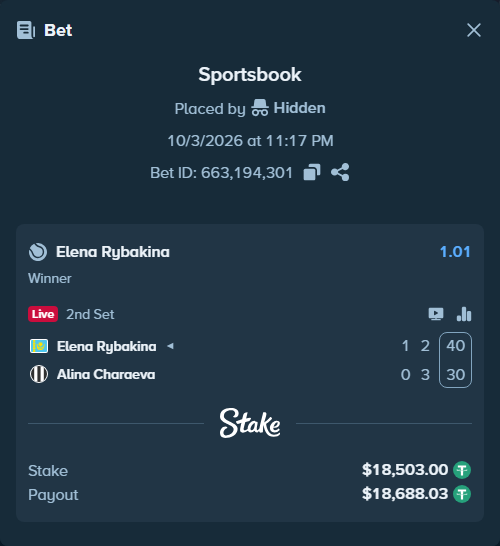 Bet slip: Elena Rybakina - Alina Charaeva, $18,503.00 stake at 1.01 odds, placed by 진라면먹고싶다