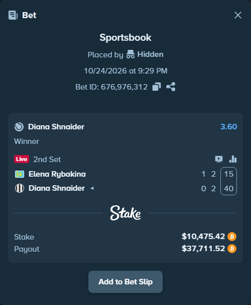 Bet slip: Elena Rybakina - Diana Shnaider, $10,472.15 stake at 3.60 odds, placed by betgood23