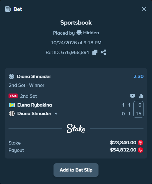 Bet slip: Elena Rybakina - Diana Shnaider, $23,855.66 stake at 2.30 odds, placed by Hidden