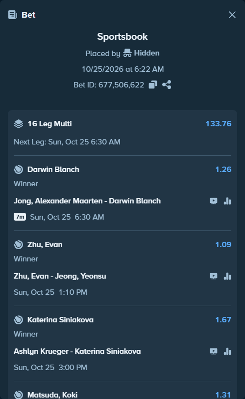 Bet slip: Elena Rybakina - Leylah Fernandez, $10,378.50 stake at 1.28 odds, placed by Hidden