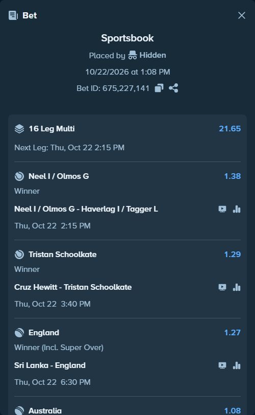Bet slip: Elena Rybakina - Polina Kudermetova, $35,000.00 stake at 1.11 odds, placed by Hidden
