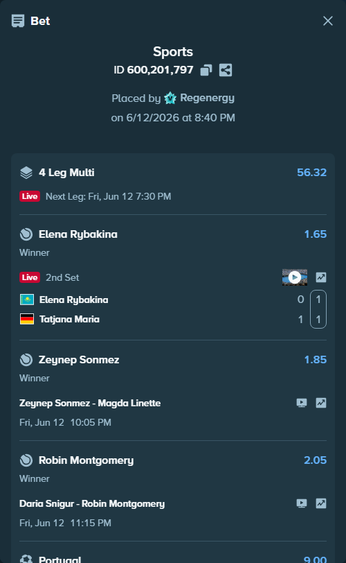 Bet slip: Elena Rybakina - Tatjana Maria, $10,857.00 stake at 1.65 odds, placed by Regenergy