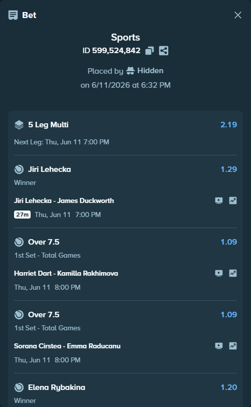 Bet slip: Elena Rybakina - Tatjana Maria, $75,075.00 stake at 1.20 odds, placed by Hidden
