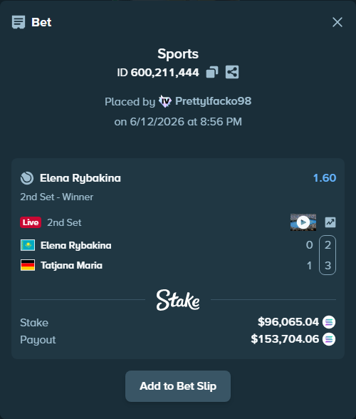 Bet slip: Elena Rybakina - Tatjana Maria, $105,570.45 stake at 1.60 odds, placed by Prettylfacko98
