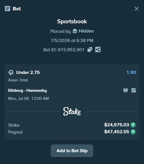 Bet slip: Elfsborg - Hammarby, $25,000.00 stake at 1.90 odds, placed by Hidden