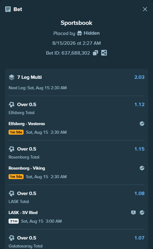 Bet slip: Elfsborg - Vasteras, $10,393.40 stake at 1.12 odds, placed by Hidden