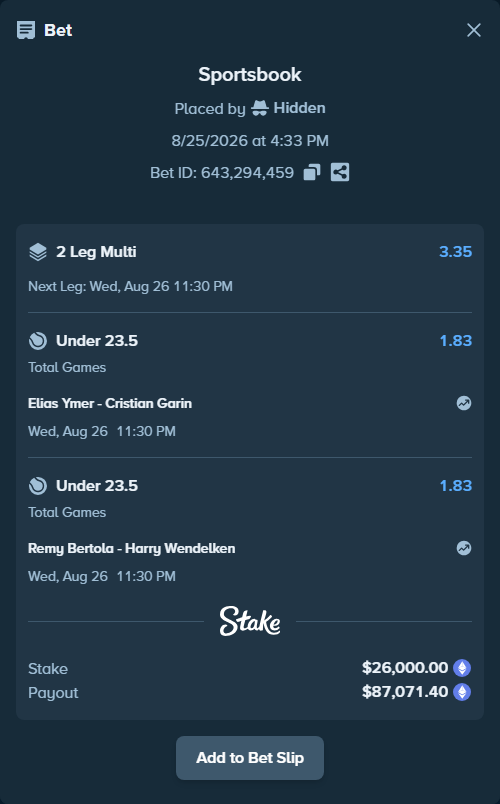 Bet slip: Elias Ymer - Cristian Garin, $25,740.24 stake at 1.83 odds, placed by Hidden