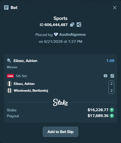 Bet slip: Eliasz, Adrian - Wisniewski, Bartlomiej, $16,245.00 stake at 1.09 odds, placed by AustinAlgamus