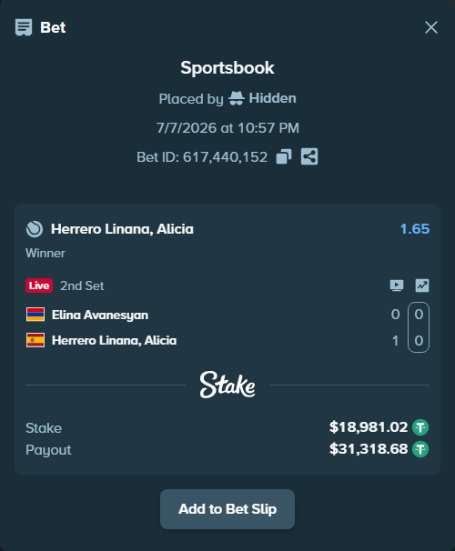 Bet slip: Elina Avanesyan - Alicia Herrero Linana, $19,000.00 stake at 1.65 odds, placed by Hidden