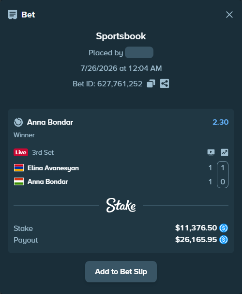 Bet slip: Elina Avanesyan - Anna Bondar, $11,376.50 stake at 2.30 odds, placed by Sabinho13