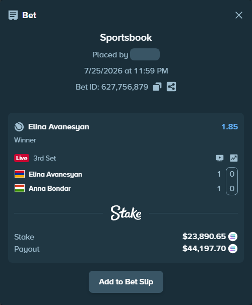 Bet slip: Elina Avanesyan - Anna Bondar, $23,524.61 stake at 1.85 odds, placed by Richboyquan
