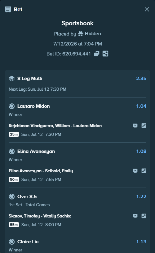 Bet slip: Elina Avanesyan - Seibold, Emily, $107,712.05 stake at 1.08 odds, placed by Hidden