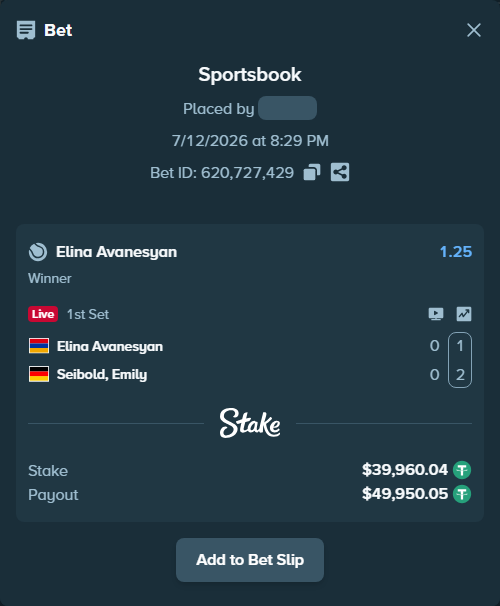 Bet slip: Elina Avanesyan - Seibold, Emily, $40,000.00 stake at 1.25 odds, placed by ayoflasher