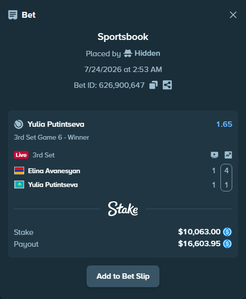 Bet slip: Elina Avanesyan - Yulia Putintseva, $10,063.00 stake at 1.65 odds, placed by Hidden