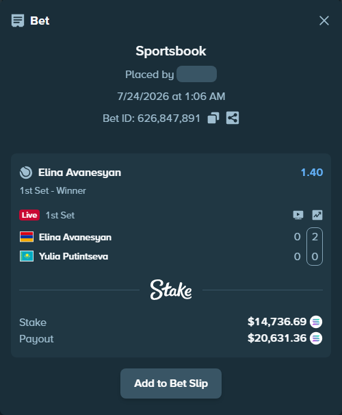 Bet slip: Elina Avanesyan - Yulia Putintseva, $14,082.53 stake at 1.40 odds, placed by Richboyquan