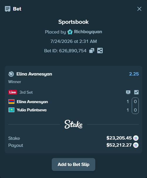 Bet slip: Elina Avanesyan - Yulia Putintseva, $22,175.38 stake at 2.25 odds, placed by Richboyquan