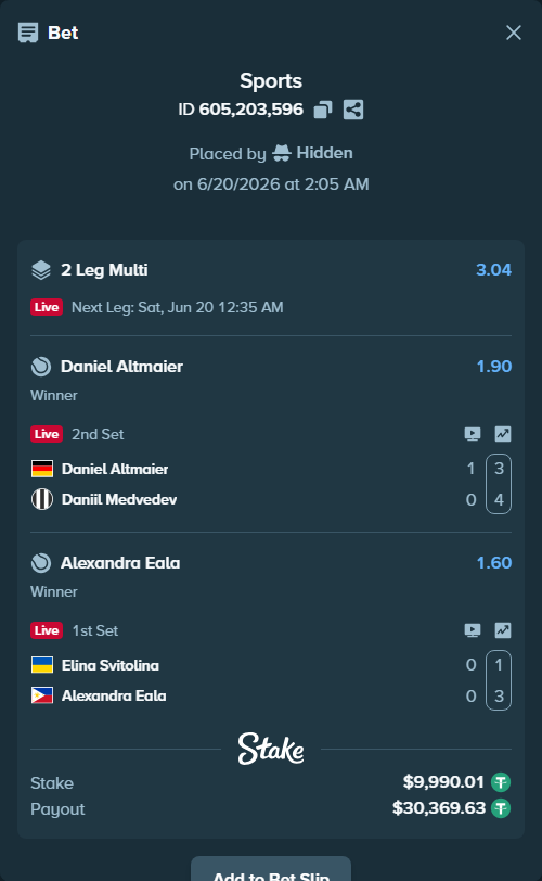 Bet slip: Elina Svitolina - Alexandra Eala, $10,000.00 stake at 1.60 odds, placed by Hidden