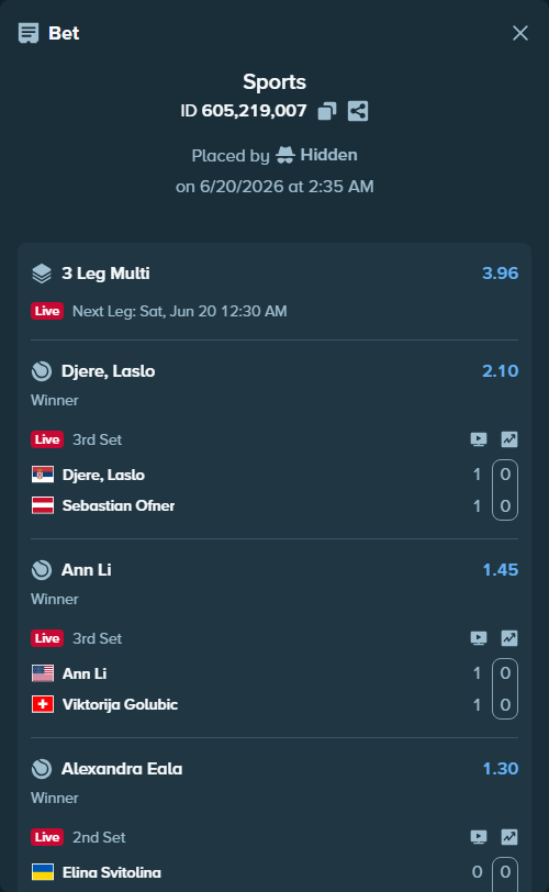 Bet slip: Elina Svitolina - Alexandra Eala, $10,000.00 stake at 1.30 odds, placed by Hidden