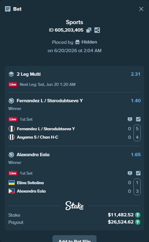 Bet slip: Elina Svitolina - Alexandra Eala, $11,494.00 stake at 1.65 odds, placed by Hidden
