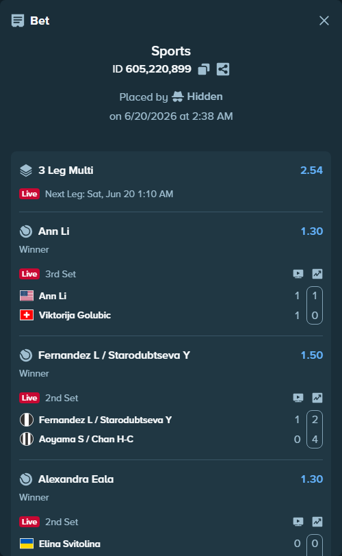 Bet slip: Elina Svitolina - Alexandra Eala, $20,000.00 stake at 1.30 odds, placed by Hidden