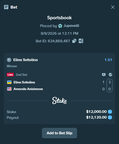 Bet slip: Elina Svitolina - Amanda Anisimova, $12,000.00 stake at 1.01 odds, placed by Jupavelli
