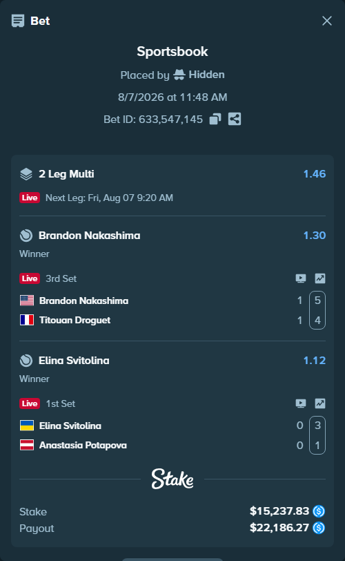 Bet slip: Elina Svitolina - Anastasia Potapova, $15,237.83 stake at 1.12 odds, placed by Hidden