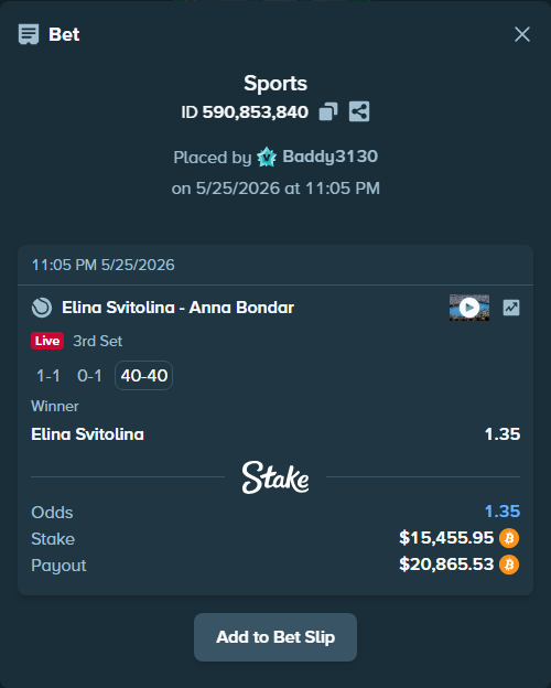 Bet slip: Elina Svitolina - Anna Bondar, $12,866.00 stake at 1.35 odds, placed by Baddy3130