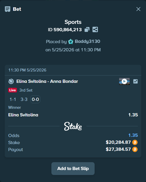 Bet slip: Elina Svitolina - Anna Bondar, $16,885.74 stake at 1.35 odds, placed by Baddy3130