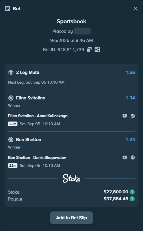 Bet slip: Elina Svitolina - Anna Kalinskaya, $22,795.44 stake at 1.34 odds, placed by Davidbushel1