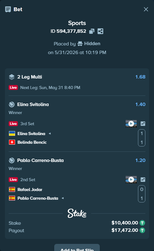 Bet slip: Elina Svitolina - Belinda Bencic, $10,410.40 stake at 1.40 odds, placed by Hidden